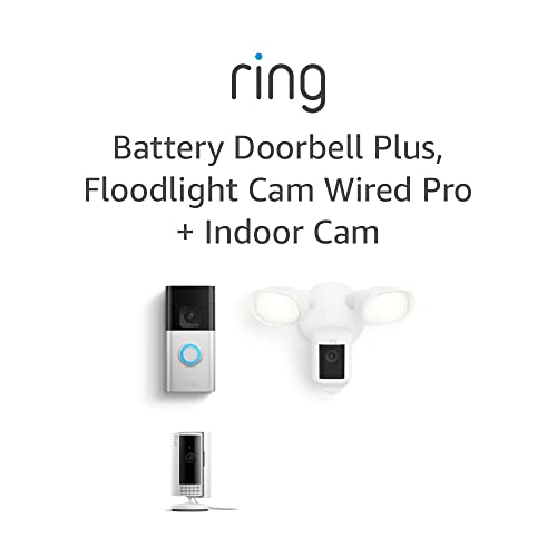 Ring Floodlight Cam Wired Pro, White with Ring Battery Doorbell Plus and All-new Ring Indoor Cam, White