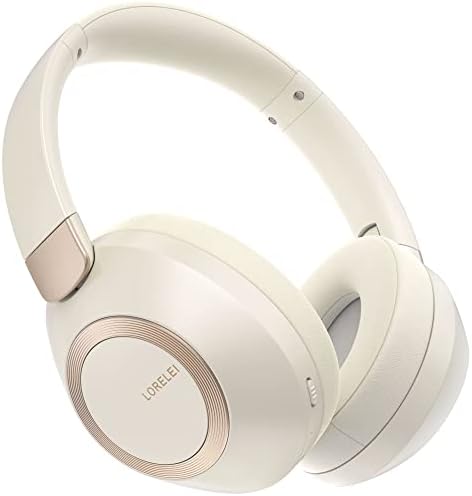 LORELEI B-C6 Wireless Over Ear Headphones, 50H Playtime Foldable Lightweight Bluetooth Headsets, Deep Bass, Built-in Microphone, Memory Foam Earmuff, for Travel, Home Office (Beige White)