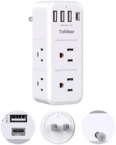 2 Prong Power Strip with USB C, Toldear Multi Plug Outlet Extender Rotating Plug, 6 Outlets Splitter(3 Sided) and 4 USB Ports (1 USB-C), Swivel Wall Adapter Surge Protector (1700J) for Travel, Office