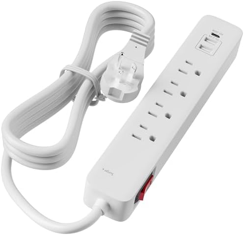 3 Prong Power Strip Surge Protector with 4FT Extension Cord, 4 Outlets and 2 USB A Ports + 1 Type-C, Support PD 20W Charging (Type-C), 45 Degree Plug, 1875W/15A, Overload Surge Protection, ETL Listed