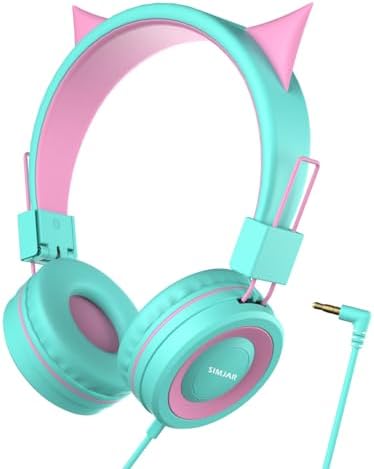 SIMJAR Cat Ear Kids Headphones for School, Wired Girls Foldable Headphones with Adjustable Headband, 3.5 MM Jack for Online Learning/Travel/Tablet/iPad/Computer, Green