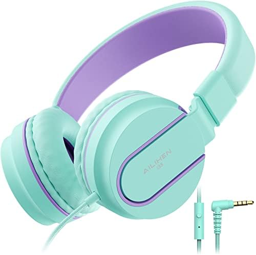 Kids Headphones, AILIHEN I35 On-Ear Headphones for School, 93dB Headphones Boy Girl, 3.5mm Wired Mic for Chromebook, Laptop (Green/Purple)