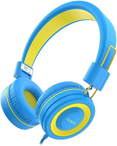 NIVAVA Kids Headphones, K8 Wired Headphones for Kids with Adjustable Headband, 3.5 MM Jack for School, Foldable On-Ear Headset for Girls Boys Kindle Tablet Cellphones Airplane Travel(Blue Yellow)