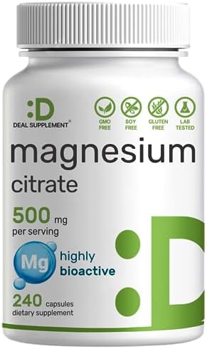 DEAL SUPPLEMENT Magnesium Citrate 500mg, 240 Capsules | Easily Absorbed, Purified Trace Mineral – Muscle, Heart, & Digestive Support – One a Day, Non-GMO