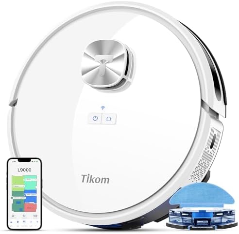 Tikom Robot Vacuum and Mop Combo, LiDAR Navigation, L9000 Robotic Vacuum Cleaner, 4000Pa Suction, 150Mins Max, Smart Mapping, 14 No-go Zones, Good for Pet Hair, Carpet, Hard Floor, White