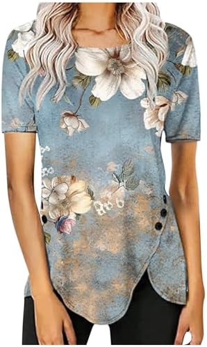 Ceboyel Women High Low Hem Spring Tops Leaf Print Blouses Shirts Short Sleeve Dressy Casual Tunic Trendy Ladies Clothes 2023