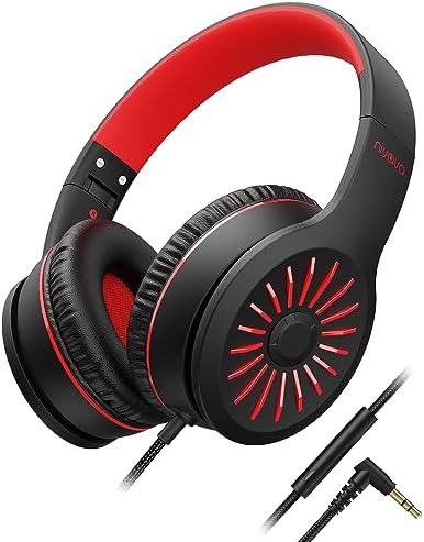 NIVAVA Wired Headphones with Microphone, K16 On-Ear Headphones for Kids with 3.5MM Jack, Foldable Stereo Bass Headphones for Teens School Amazon Kindle, Fire, Chromebook, Tablet(Black Red)