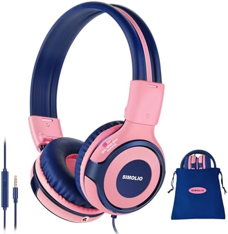 SIMOLIO Kids Headphones with 75dB,85dB,94dB Volume Limited & Share Jack, Headphones for Girls with Mic, Durable Children Headphones with Safe Volume, On-Ear Kids Headsets for Gift/School/Plane (Pink)