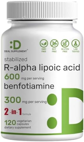 DEAL SUPPLEMENT R Alpha Lipoic Acid 600mg with Benfotiamine 300mg Per Serving, 120 Veggie Capsules – 200mg R-ALA Per Capsule – Antioxidant Supplement for Energy & Nervous System Support