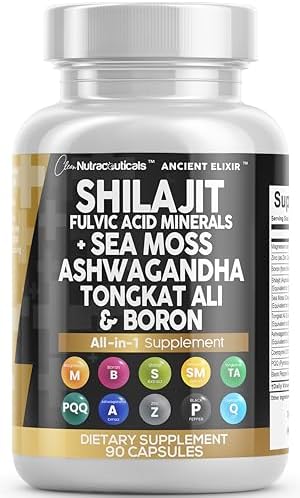 Clean Nutraceuticals Shilajit Supplement 10,000mg with Sea Moss 6000mg, Ashwagandha 6000mg, Tongkat Ali, Boron, Magnesium – Fulvic Acid Capsules for Men – 90 Count