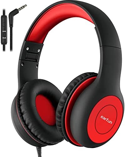 EarFun Kids Headphones Wired with Microphone, 85/94dB Volume Limit Headphones for Kids, Portable Wired Headphones with Shareport, Stereo Sound Foldable Headset for School/Tablet/PC/Kindle, Black Red