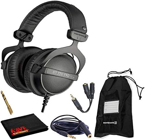 beyerdynamic DT 770 Pro 32 Ohm Closed-Back Studio Recording Headphones Bundle with Soft Drawstring Case, Headphone Splitter, 5ft Extension Cable, and 6AVE Cleaning Cloth