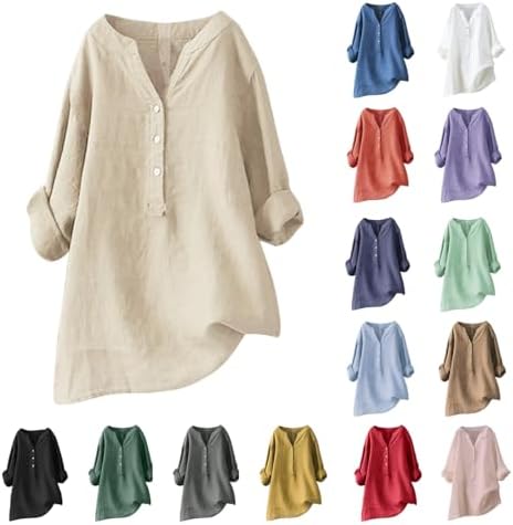 Cotton Linen Shirts for Women 2024 Buttons V Neck Long Sleeve Tops Trendy Dressy Blouses Casual Loose Comfy Tunic Tops