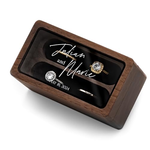 MUUJEE Custom Ring Box with Glass Lid (Design 1) – Wide Wood Personalized Ring Holder for 2 to 4 Rings, Ring Display Case Engagement Wedding Ceremony Ring Bearer Valentine’s Day Gift, 3.75 x 2 x 2″