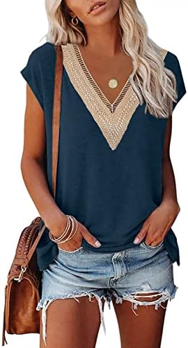 Basic Tops for Women 2023 Trendy Cap Sleeve Casual Shirts Floral Print Lace V Neck Loose Fit Blouses