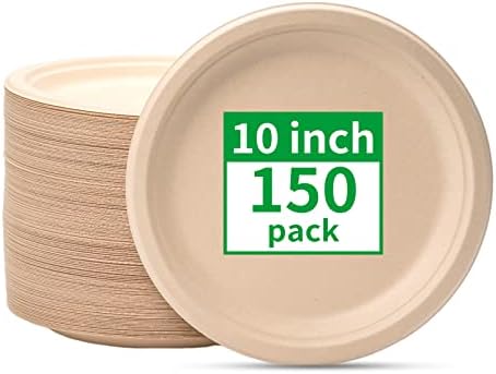 RACETOP Paper Plates 10 Inch [150 Pack], Disposable Biodegradable Paper Plates, Made of Natural Sugarcane Fibers, Unbleached Brown,Round