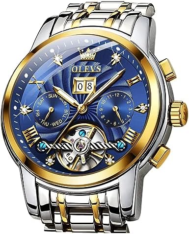 OLEVS Watches for Men Skeleton Automatic Mechanical Diamond Self Winding Gold Luxury Wristwatch Luminous Waterproof Business Dress Watch