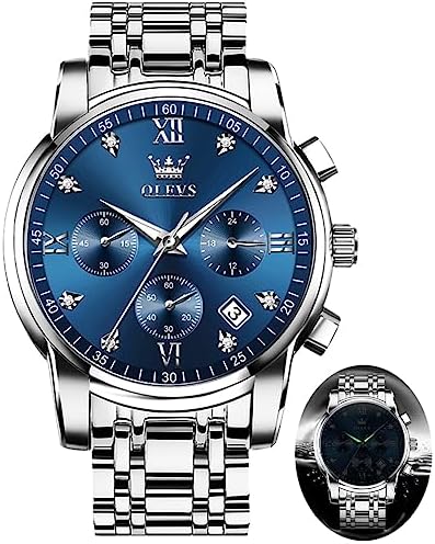 OLEVS Classic Wrist Watches,Men Business Watches Dress Watch with Day,Green/Black/White/Blue Face,Flywheel Multifunction Luminous Men Stainless Steel Wristwatch