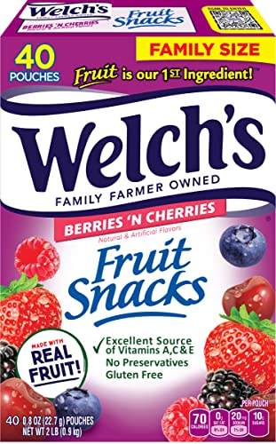 Welch’s Fruit Snacks, Berries ‘n Cherries, Perfect for School Lunches, Gluten Free, Bulk Pack, Individual Single Serve Bags, 0.8 oz (Pack of 40)