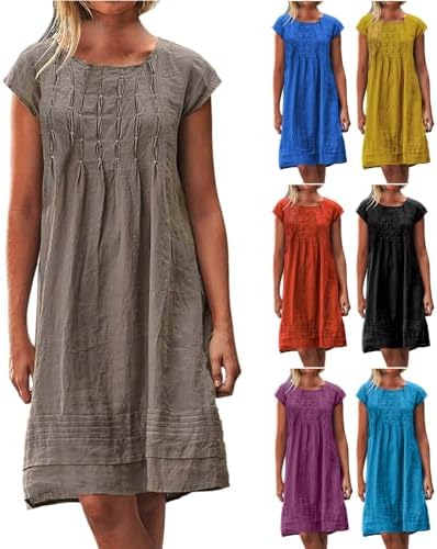 Linen Dress for Women Pleated Summer Dresses Round Neck Short Sleeve Sundress Beach Vacation Casual Mini Dress 2024