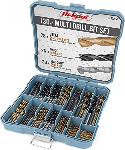 Hi-Spec 130pc Drill Bit Set Multi SAE. 11 Sizes 1/16in to 3/8in. Metal, Wood, Plastic, Dryall, Brick & Concrete Drilling. HSS Titanium, Masonry & Brad Point Steel Bits All in a Tray Case