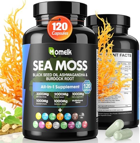 Sea Moss 3000mg Ashwagandha 1000mg Black Seed Oil 2000mg Turmeric 1000mgBurdock 1000mg Bladderwrack 1000mg & Vitamin C & D3 with Elderberry Manuka Dandelion Yellow Dock Iodine Chlorophyll ACV-120Pills