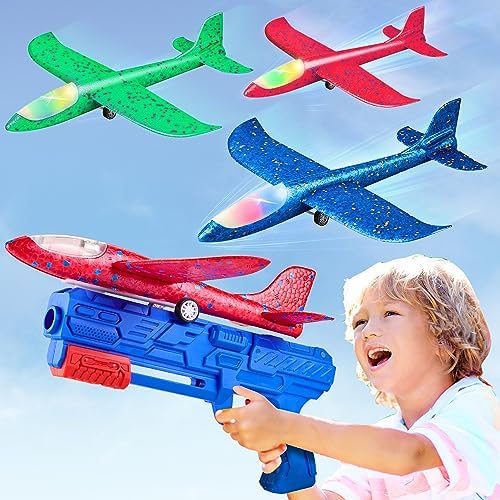 Toy Airplane, 3 Pack Airplane Launcher Toys 2 Flight Mode Glider Plane Outdoor Toys for Kids Ages 3 4 5 6 7 8 9 10 11 12 Year Old Boys & Girls Birthday Gift, Educational Flying Kids Toys