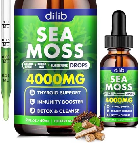 dilib Irish Sea Moss Liquid Drops: 4000mg, Organic Bladderwrack, and Burdock Root, Spirulina, Thyroid Support, Support for Digestion and Skin, Joint Health, Herbal Supplements-2 Fl Oz, Vegan