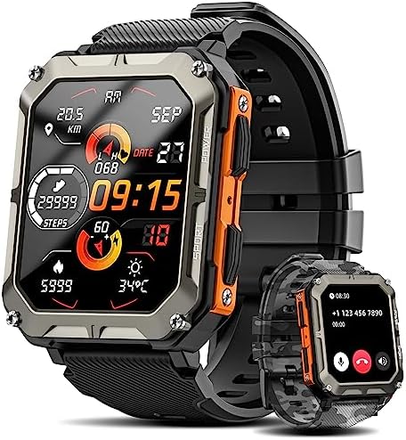 Military Smart Watch for Men with Blood Pressure (Answer/Make Call), Rugged Tactical Smartwatch for Android and iPhone, 10 ATM Waterproof Outdoor Sports Fitness Tracker with Heart Rate, Sleep Monitor