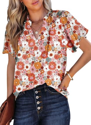 SHEWIN Women’s Casual V Neck Floral Print Smocked Short Sleeve Chiffon Blouses Bohemian Top Shirts