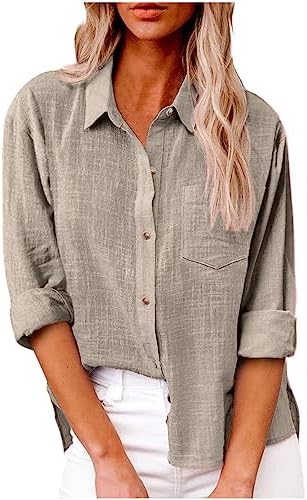 Linen Shirts for Women Summer Long Sleeve Lapel Button Down Blouse Lightweight Gauze Loose Casual Fashion Shirt Clothes