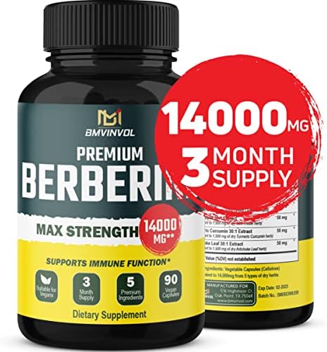 5-in-1 Berberine 14000mg with Ceylon Cinnamon Milk Thistle Turmeric Artichoke – 30:1 Concentrated Formula Berberine – 3 Month Supply For High Potency – Immune Heart Support