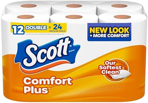 Scott ComfortPlus Toilet Paper, 12 Double Rolls, 231 Sheets per Roll, Septic-Safe, 1-Ply Toilet Tissue