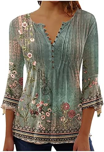 Bohemian Tops for Women Trendy 2023 Sexy Elegant t-Shirt Boho Floral Print 3/4 Bell Sleeve v Neck Shirts Blouse