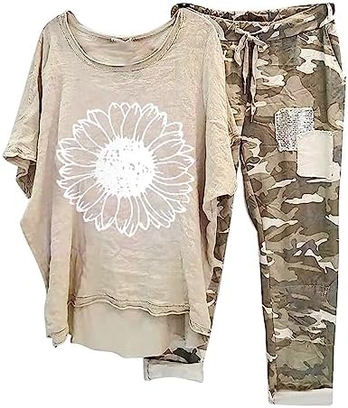 2 Piece Outfits for Women Cotton Linen Sets Plus Size Casual Loose Fit Tops Drawstring Camo Pants Tracksuit Set