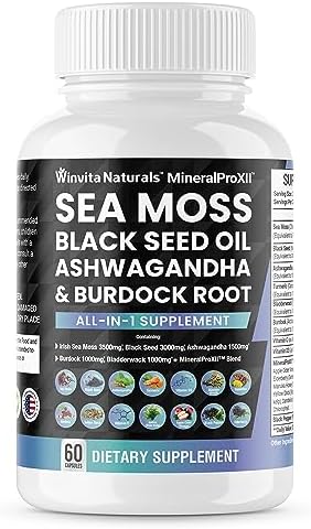 Sea Moss 3500mg Black Seed Oil 3000mg Ashwagandha 1500mg Turmeric 1000mg Bladderwrack 1000mg Burdock 1000mg, Vitamin C & D3 with ACV Chlorophyll Elderberry Manuka Dandelion Yellow Dock Vegan Caps USA