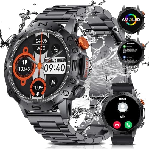 1.43” AMOLED Military Smart Watches for Men, 5ATM Waterproof/460mAh/126 Sports Modes Fitness Tracker Heart Rate Blood Pressure SpO2 Monitor Tactical Smart Watches Android iOS