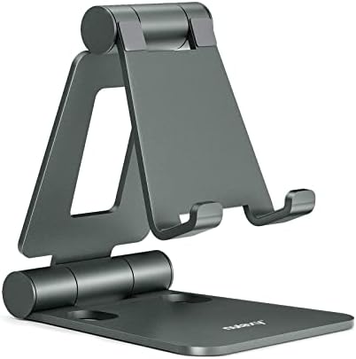 Nulaxy Dual Folding Cell Phone Stand, Fully Adjustable Foldable Desktop Phone Holder Cradle Dock Compatible with Phone 15 14 13 12 11 Pro Xs Xs Max Xr X 8, Nintendo Switch, All Phones – Gray