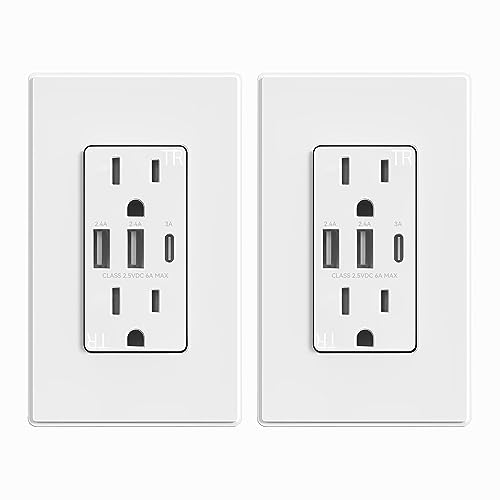 ELEGRP USB Outlets Receptacles, 3-Port USB C Wall Outlet, 30W 6.0A USB Electrical Outlet, 15 Amp Tamper-Resistant Outlet with USB C Ports, UL Listed, Screwless Wall Plate Included, 2 Pack, Matte White