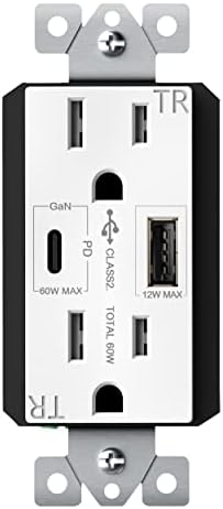 TOPGREENER GaN PD USB Type C Wall Outlet Up to 65W 𝐏𝐨𝐰𝐞𝐫 𝐃𝐞𝐥𝐢𝐯𝐞𝐫𝐲,15A Duplex Tamper-Resistant Receptacles, USB Charger for Laptops, Tablets, Smartphones, TU215PD60AC-W, White