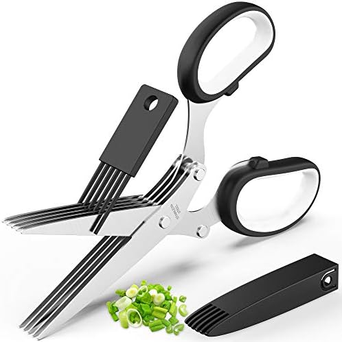 Herb Scissors Set – Cool Kitchen Gadgets for Cutting Fresh Garden Herbs – Herb Cutter Shears with 5 Blades and Cover, Sharp and Anti-rust Stainless Steel, Dishwasher Safe (Black-White)