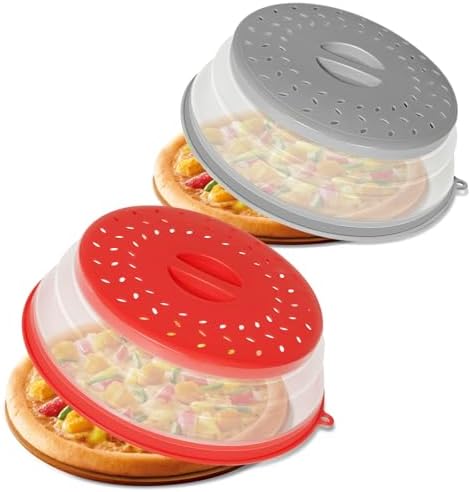 2 Pack Collapsible Microwave Splatter Cover, Vented Microwave Lid with Hook Hole, Splatter Guard for Plate Dish Bowl, Vegetable Fruit Colander Multi-function Kitchen Gadget(Grey & Red)