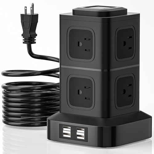 Power Strip Tower Surge Protector 10FT Extension Cord with 8 AC Outlets 4 USB Ports Charging Station, Black Smart Power Strips with Multiple Plugs in One Outlet for Gaming Room Office Home Travel