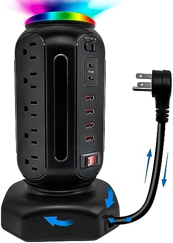 PD 30W Fast Charing Power Strip, with Surge Protector, RGB Night Light, 15 Outlets Power Tower, 2 Type C and 4 USB Ports, Space Saving, Retractable Extension Cord 6.5ft for Home (Black)