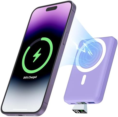 podoru Wireless Portable Charger, 10000mAh Magnetic Power Bank with Type-C Cable LED Display 22.5W PD Fast Charging Lighting Mag-Safe Battery Pack for iPhone 15/14/13/12/Mini/Pro/Pro Max-Purple