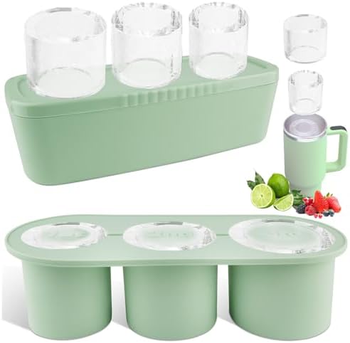 Fu Store Ice Cube Tray for 30-40 oz Tumbler Cup, 3pcs Silicone Ice Cube Molds With Lid and Bin for Chilling Cocktails, Whiskey, Drinks, Juice, Coffee, Easy Fill and Release Ice Maker (Green, 40 oz)