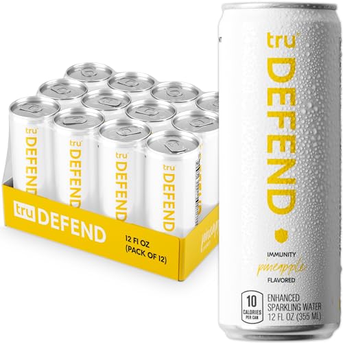 Tru Defend Seltzer, Immune Support Drinks with 100% Vitamin C, Pineapple Fruit Juice Flavored Sparkling Water, Caffeine Free, Kosher, Gluten Free, Vegan, Low Calories, No Sugar Added Beverages, 12oz (Pack of 12)