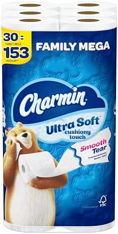 Charmin Ultra Soft Cushiony Touch Toilet Paper, 30 Family Mega Rolls = 153 Regular Rolls