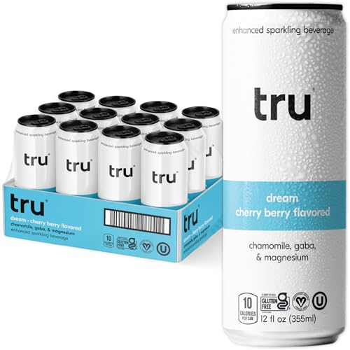 Tru Dream Seltzer, Sleep Aid Calming Drinks with Magnesium, Tart Cherry Fruit Juice Flavored Sparkling Water, Caffeine Free, Kosher, Gluten Free, Vegan, Low Calories, No Sugar Added Beverages, 12oz (Pack of 12)