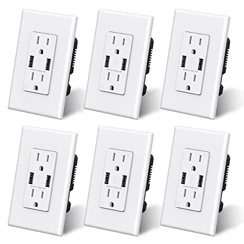 ELEGRP USB Outlet, 15 Amp Wall Outlet with Dual USB A Ports, 4.0A USB Outlets Receptacles, TR Tamper-Resistant USB Wall Outlets, Wall Plate Included, UL Listed (6 Pack, Glossy White)